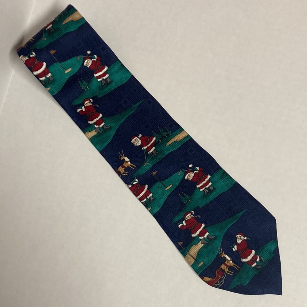 Noel 100% Silk Tie Golfing Santa with Reindeer and Sleigh